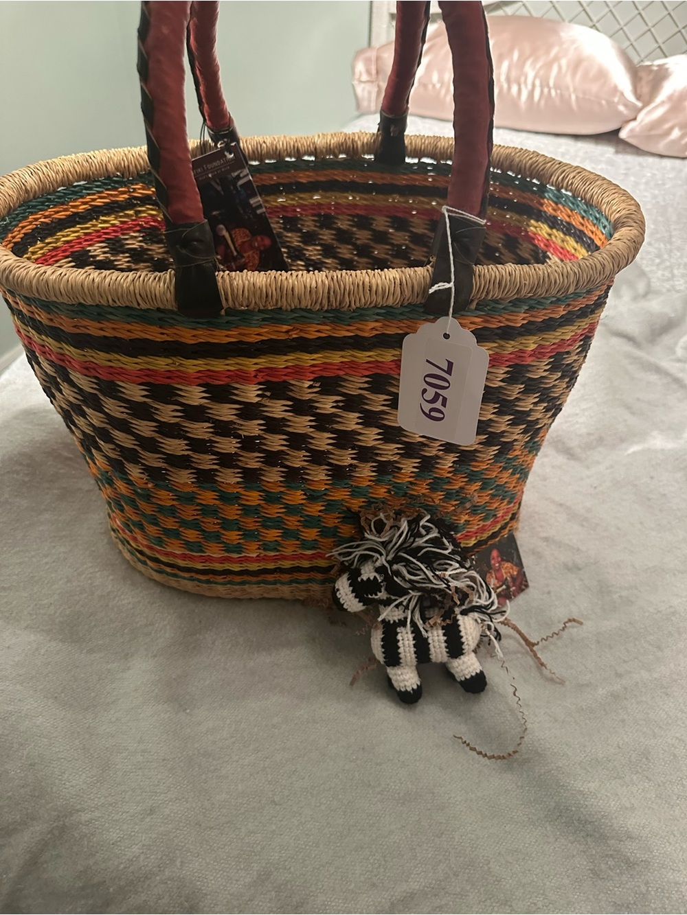 Handwoven Multicolor Straw Tote with Leather-Wrapped Handles